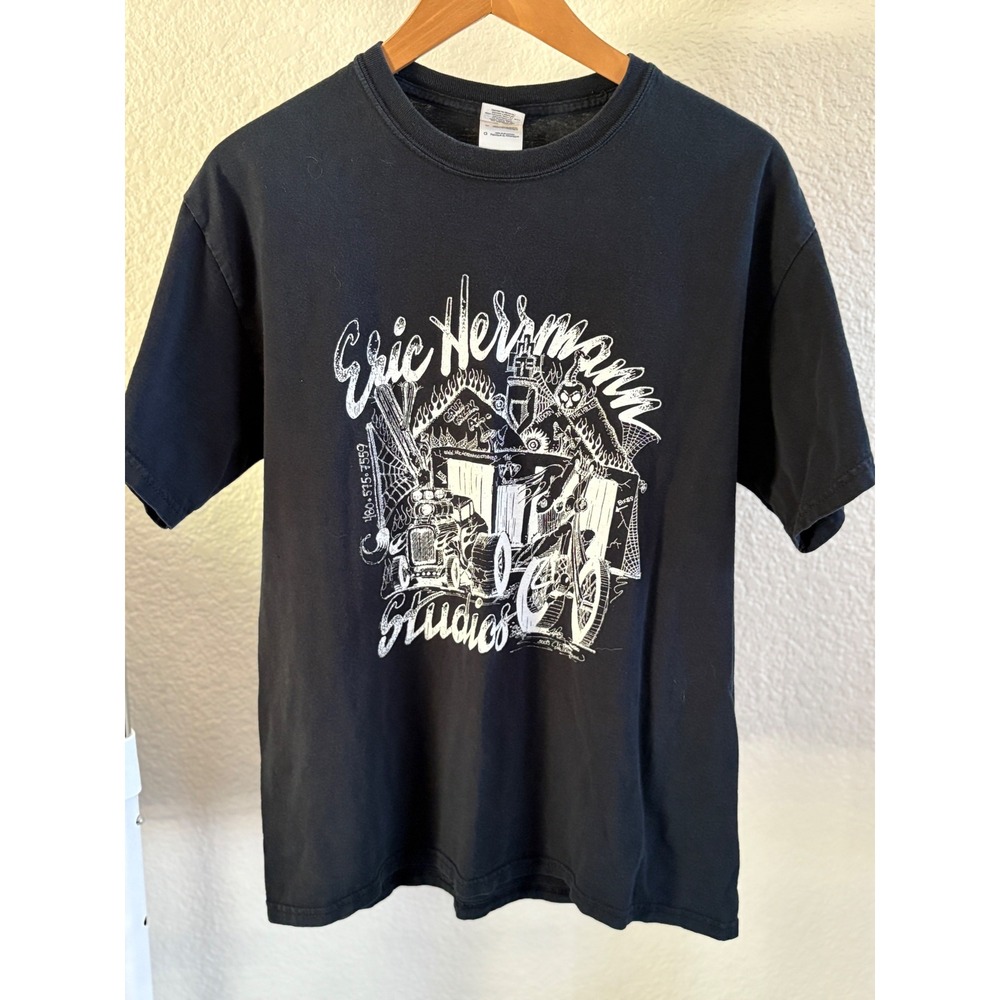 Gildan Eric Herrmann Studios Motorcycle Hot Rod Graphic T-Shirt Mens Large Black